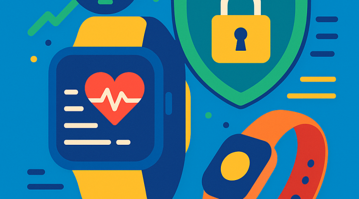 Ilustración plana de wearables de salud con escudo de privacidad