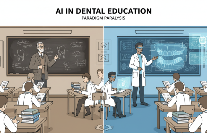 Ilustración editorial de inteligencia artificial en escuelas de odontología